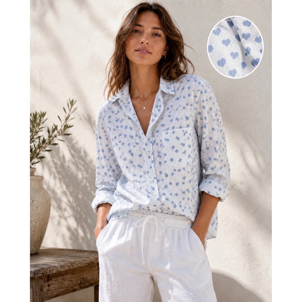 Grayson Frank & Eileen Hero Shirt Blue Heart Print Button Down Cotton 03/M
